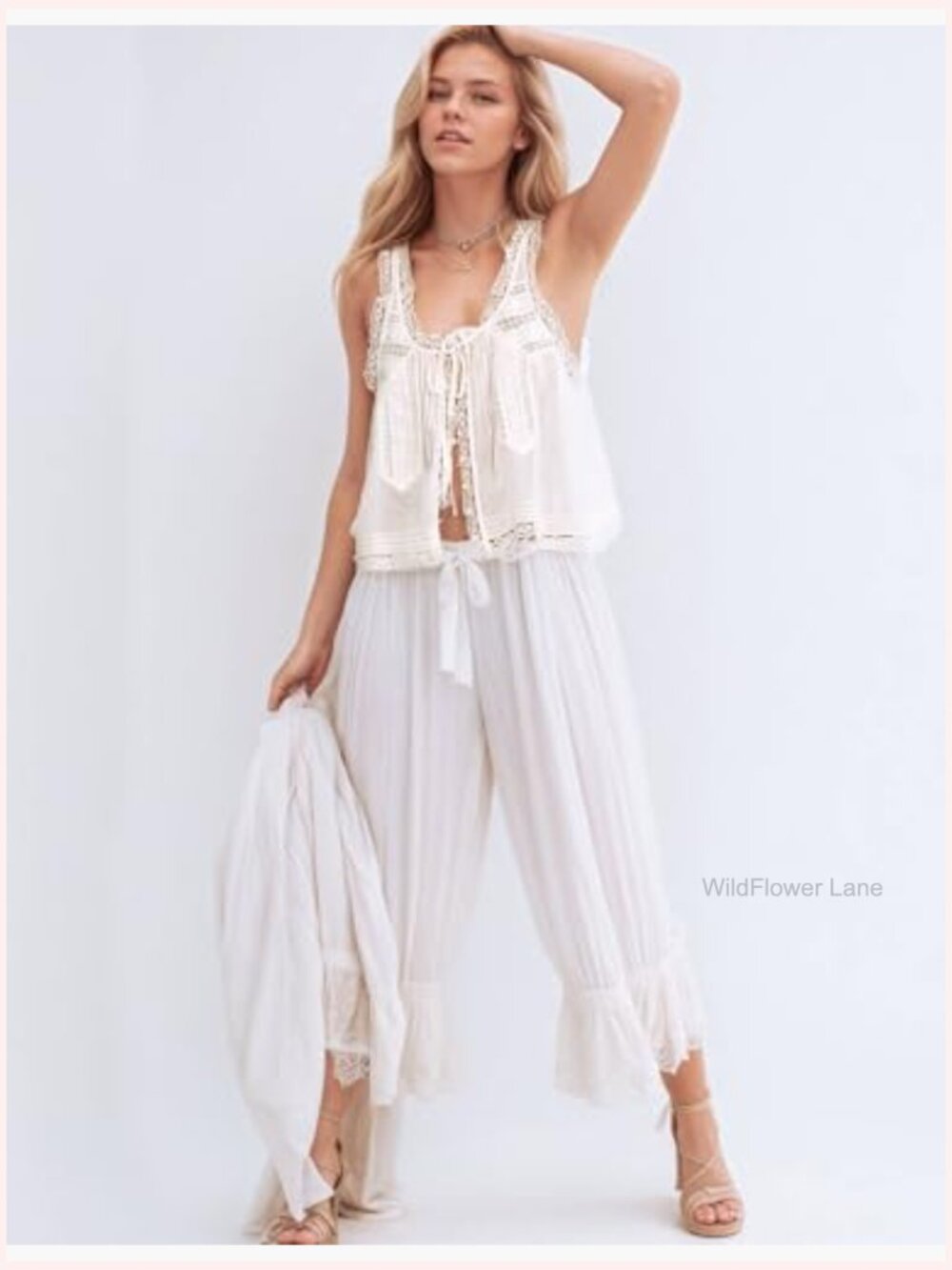 Boho Lace Tank Top Sleeveless Button Down Front Tie Y2K Summer Vacation Top - Picture 3 of 7